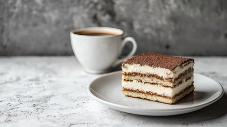 A delectable slice of Tiramisu, showcasing layers of mascarpone cream and coffee-soaked biscuits on a white plate, paired with a rich cup of coffee, set against a textured gray concrete background.の素材