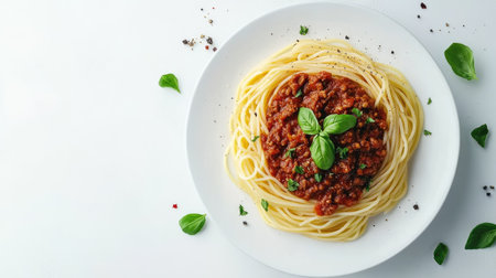 A delicious top-down perspective of spaghetti topped with savory Bolognese sauce, garnished with freshly chopped basil, isolated on a clean white background for an appetizing presentation.の素材