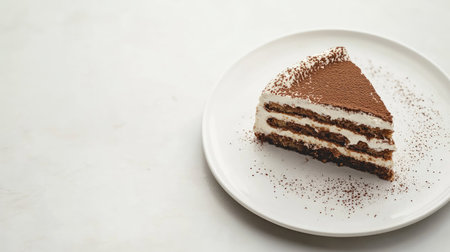 A delicious slice of Tiramisu beautifully arranged on a white plate, set against a clean background with ample copy space for text. The layers of mascarpone and cocoa create an inviting dessert scene.の素材