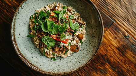 A delicious top view of risotto with mushrooms and fresh herbs, presented in a rustic plate on a wooden table, allowing the dishs vibrant colors and textures to take center stage.の素材