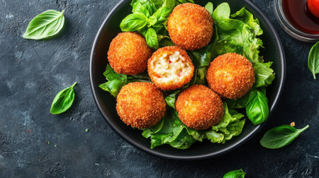 A delightful aerial view of perfectly fried arancini, showcasing their crunchy texture and oozy cheese filling, served with a fresh salad and garnished with basil leaves.の素材