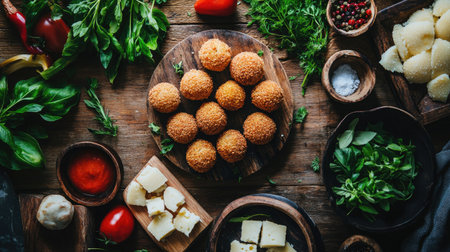 A captivating top view of arancini on a rustic table, surrounded by fresh ingredients like herbs and cheese, presenting a cozy Italian atmosphere perfect for a hearty meal.の素材