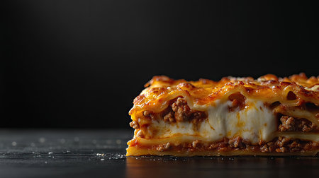 A delicious lasagna slice with crispy edges and melted cheese, with half of the frame offering clean, empty copy space, perfect for promotional or culinary text additions.の素材