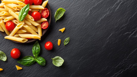 A delicious top view of penne pasta with cherry tomatoes and fresh basil, artfully arranged on a dark slate surface, showcasing the vibrant colors and inviting textures of this dish.の素材