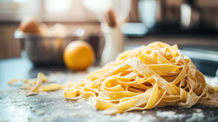 A heap of fresh tagliatelle resting on a kitchen counter, with generous copy space on the side for any food-related content or branding, offering a rustic kitchen aesthetic.の素材