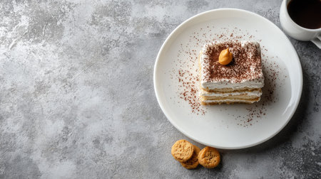 A mouthwatering Tiramisu with layers of mascarpone cream and biscuits served on a white plate, alongside a freshly brewed cup of coffee, creating a delightful Italian dessert setting on gray concrete.の素材