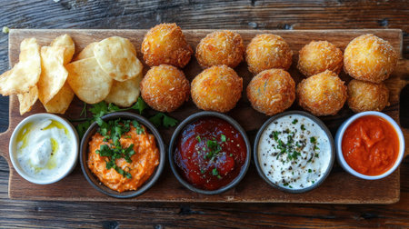 A mouthwatering display of golden-brown deep-fried cheese balls, perfectly arranged on a wooden board with a variety of dips, perfect for a fun and casual gathering.の素材