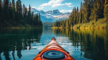 A scenic view of a kayak drifting on a calm mountain lake, framed by lush forests and snow-capped peaks, inviting viewers to experience the beauty of outdoor adventures in nature.の素材