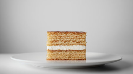 A square slice of Medovik, the classic Russian honey cake, layered with sour cream, elegantly displayed on a white plate, isolated against a white background for a minimalist aesthetic.の素材