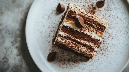 A stunning overhead view of Tiramisu on a white plate, focusing on the intricate layers of creamy mascarpone and chocolate dusting, set against a soft background for an elegant dessert look.の素材