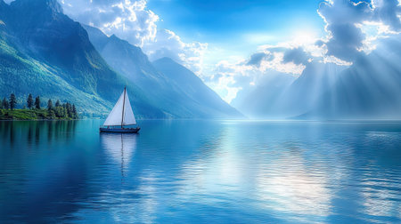 A serene photograph of a sailboat on a blue lake, with the sun casting shimmering reflections on the water, framed by stunning mountains and soft clouds overhead.の素材