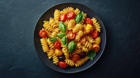 A tempting presentation of pasta with heirloom tomatoes and fresh basil leaves, beautifully arranged on a plate, highlighting the dish colorful ingredients against a dark slate background.の素材