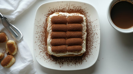 A top view of a luscious Tiramisu dessert, showcasing its layered structure of coffee-soaked ladyfingers and creamy mascarpone, elegantly garnished with cocoa powder for an enticing dessert presentation.の素材