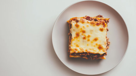 A top-view image of a lasagna slice on a simple plate, with melted cheese and rich meat sauce, surrounded by clean copy space on a minimalist background for added design elements.の素材