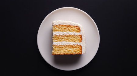 A top-down image of a honey cake slice with visible layers, served on a white plate against a black background, creating a bold contrast and highlighting the cake's texture.の素材