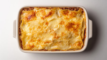 A top view of a lasagna dish featuring sheets of pasta, meat sauce, and cheese in distinct layers, isolated on a white background, with the golden top layer crisped to perfection.の素材