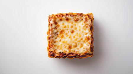A top-down shot of lasagna with visible layers of pasta, thick meat sauce, and melted cheese, isolated on a white background, with the golden cheese top layer stealing the spotlight. -の素材