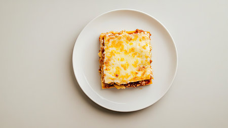 A top-down shot of a lasagna portion with golden cheese, meat sauce, and pasta layers, served on a simple plate against a neutral background, creating a delicious, rustic presentation.の素材