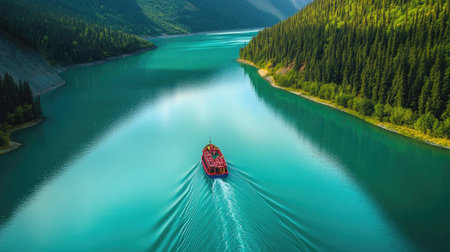 An aerial view of a vibrant boat sailing on a tranquil mountain lake, showcasing the contrast of bright colors against the deep blues and greens of the water and surrounding forested hills.の素材