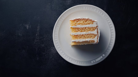 A top-view shot of a layered honey cake slice served on a pristine white plate, with the dark black background providing a dramatic contrast, highlighting the dessert's delicate layers.の素材