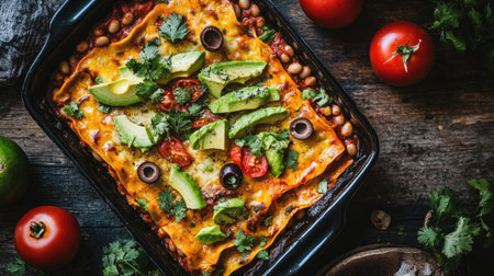 A vibrant close-up of gluten-free chicken and bean lasagna in a black baking dish, garnished with pitted olives, avocado, tomatoes, and coriander, resting on a rustic dark wood table. -の素材