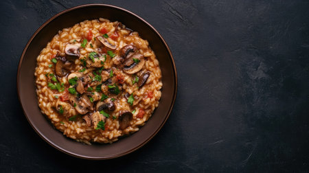 A visually appealing top view of rich mushroom risotto in a brown plate, surrounded by a dark slate backdrop, allowing for creative text overlay and showcasing the dishs delicious details.の素材