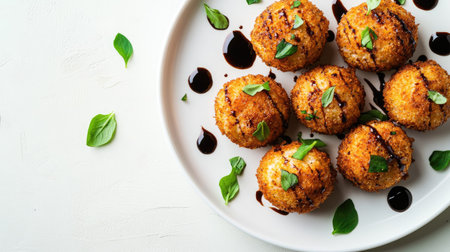 An appetizing overhead shot of arancini, garnished with a drizzle of balsamic glaze and fresh herbs, arranged on a simple plate with plenty of space around them for branding or text. -の素材