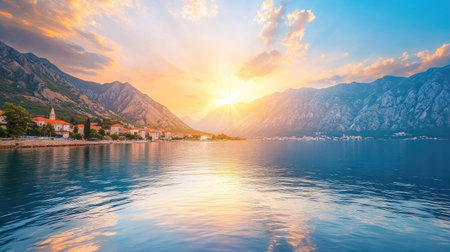 An idyllic sunset scene in Kotor's bay, where the warm colors of the sky contrast beautifully with the deep blue waters and majestic mountains, offering a moment of natural beauty and peace.の素材
