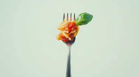 An appetizing overhead shot of a silver fork featuring a bite of pasta, smothered in tomato sauce and complemented by a basil leaf, set against a bright white background for a fresh look.の素材