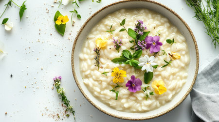An appealing overhead shot of risotto served in a bowl, garnished with edible flowers and fresh herbs, highlighting its colorful presentation against a simple, light background.の素材