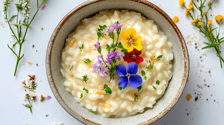 An appealing overhead shot of risotto served in a bowl, garnished with edible flowers and fresh herbs, highlighting its colorful presentation against a simple, light background.の素材