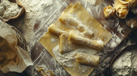 An artistic overhead view of homemade pasta dough rolled into sheets, surrounded by a scattering of flour, conveying a sense of tradition and craftsmanship in Italian cooking.の素材
