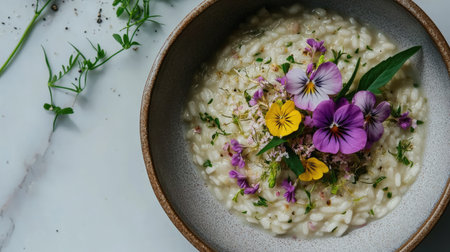 An appealing overhead shot of risotto served in a bowl, garnished with edible flowers and fresh herbs, highlighting its colorful presentation against a simple, light background.の素材