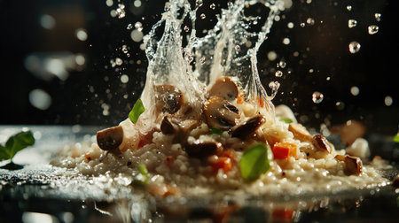 An artistic shot of mushroom risotto caught in motion, with droplets of cream glistening and splashes surrounding it, creating a visually captivating moment against a rich dark background.の素材