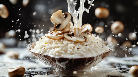 An artistic portrayal of mushroom risotto mid-air, with rich cream droplets glistening on the ingredients, surrounded by splashes that enhance the visual impact against a moody dark backdrop.の素材