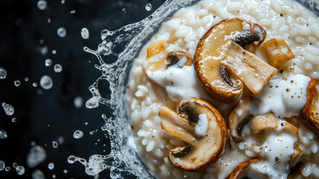 An engaging top-down view of mushroom risotto floating, with droplets of cream shimmering on the rice and mushrooms, captured in a dynamic moment with energetic splashes against a dark backdrop. -の素材