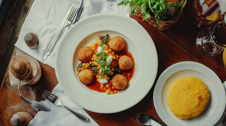 An enticing overhead shot of a traditional Italian meal set, showcasing delicious arancini, polenta, and parmigiana, beautifully presented with fresh ingredients, embodying the spirit of Italy.の素材