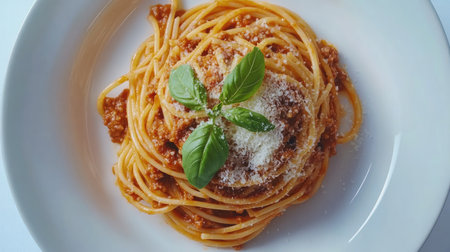 An elegant overhead shot of spaghetti with hearty Bolognese sauce, garnished with fresh basil leaves and grated parmesan, perfectly presented on a white plate against a clean background.の素材