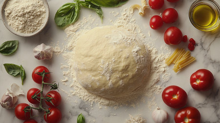 An inviting composition of homemade pasta dough, flour, and fresh Italian ingredients, including tomatoes, basil, and olive oil, arranged artfully on a marble surface, showcasing the essence of Italian cuisine.の素材