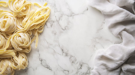 An elegant composition featuring fresh pasta on a marble countertop, with plenty of blank space to the right, perfect for food blogs or advertising copy.の素材