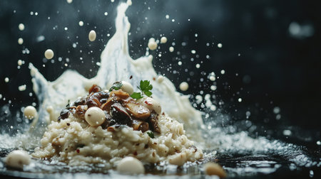 An artistic portrayal of mushroom risotto mid-air, with rich cream droplets glistening on the ingredients, surrounded by splashes that enhance the visual impact against a moody dark backdrop.の素材