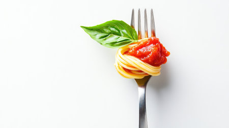 An enticing overhead view of a silver fork with a mouthful of pasta, rich tomato sauce, and a vibrant basil leaf, set against a bright white background to emphasize the freshness of the ingredients.の素材