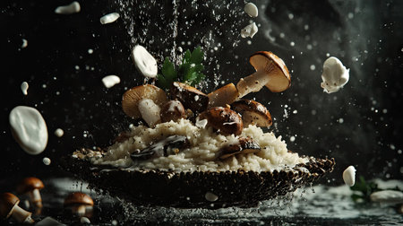 An artistic portrayal of mushroom risotto mid-air, with rich cream droplets glistening on the ingredients, surrounded by splashes that enhance the visual impact against a moody dark backdrop.の素材