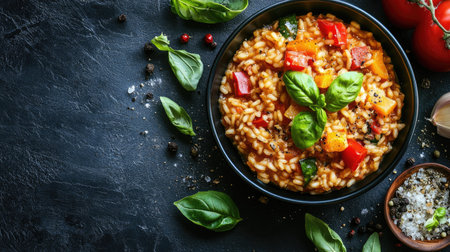 An artistic overhead shot of vibrant vegetable risotto in a stylish bowl, surrounded by fresh ingredients, highlighting the dish's colors and textures against a soft-focus background.の素材