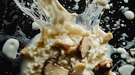 An engaging top-down view of mushroom risotto floating, with droplets of cream shimmering on the rice and mushrooms, captured in a dynamic moment with energetic splashes against a dark backdrop. -の素材