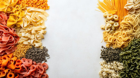 An artistic shot of colorful fresh pasta arranged neatly on a light background, leaving ample space for text overlays, perfect for food photography or marketing materials.の素材