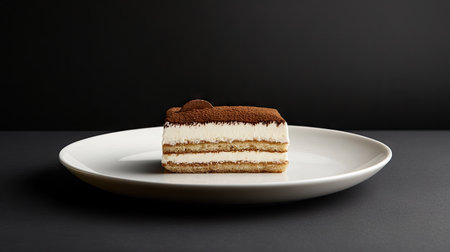 An artistic presentation of Tiramisu, perfectly centered on a white plate with a dark background, providing ample copy space for branding or captions, highlighting the desserts rich layers.の素材