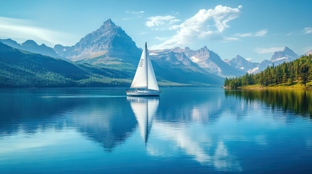 An idyllic scene of a sailboat gliding through the clear waters of a blue lake, with majestic mountains reflecting in the water, offering a serene escape into nature's beauty.の素材