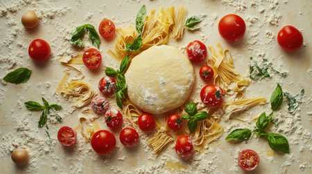 An enticing display of fresh pasta ingredients, including dough, tomatoes, and basil, styled on a light surface, inviting viewers into the world of Italian cooking and the joy of making pasta from scratch.の素材