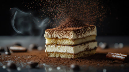 An exquisite Tiramisu presented with finesse, showcasing its delectable layers of coffee-soaked ladyfingers and velvety mascarpone, artfully garnished with cocoa for a sophisticated dessert look.の素材